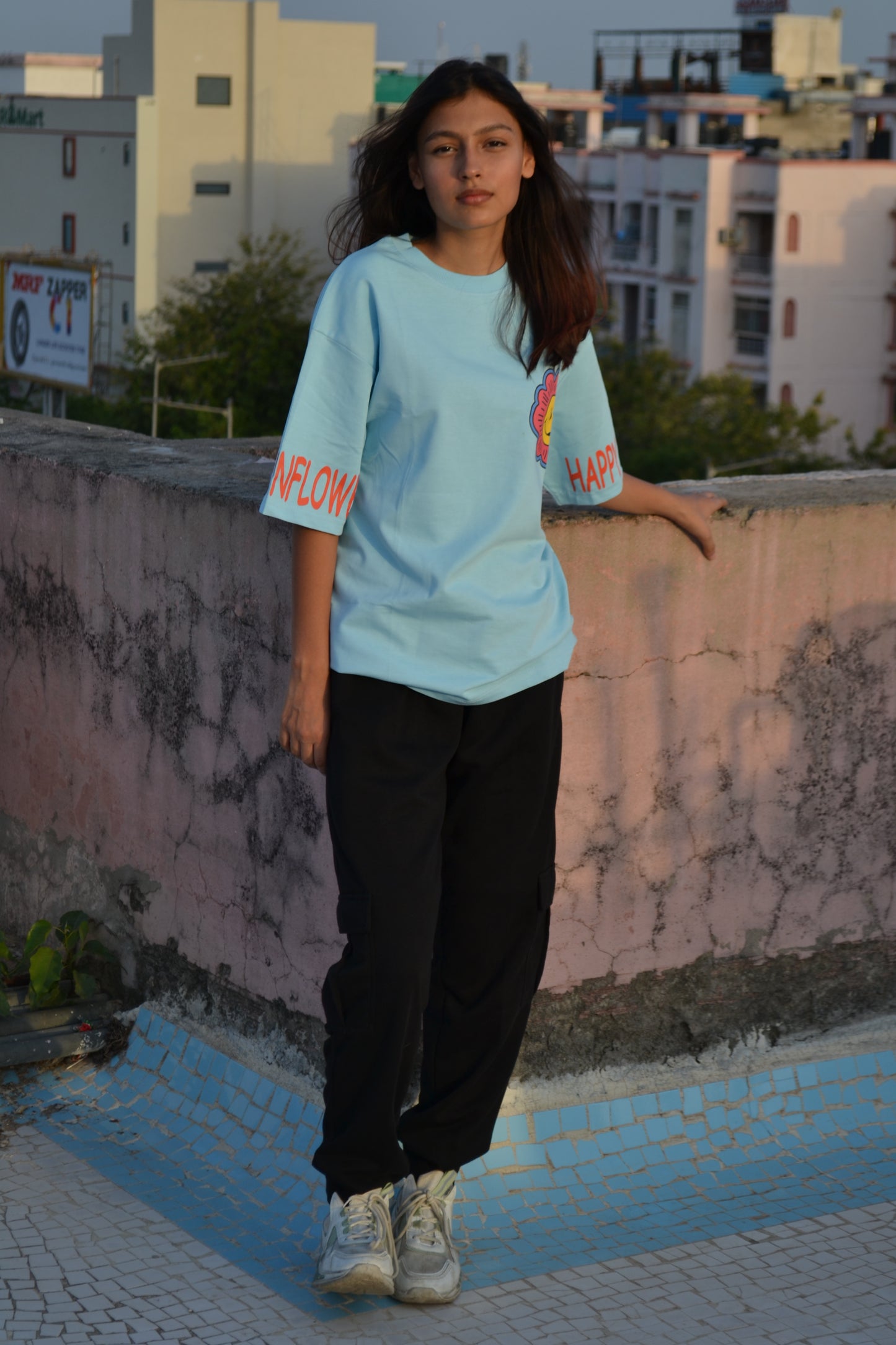 Happy Sunflower Oversized 100% Cotton Sky Blue Printed Unisex T-Shirt
