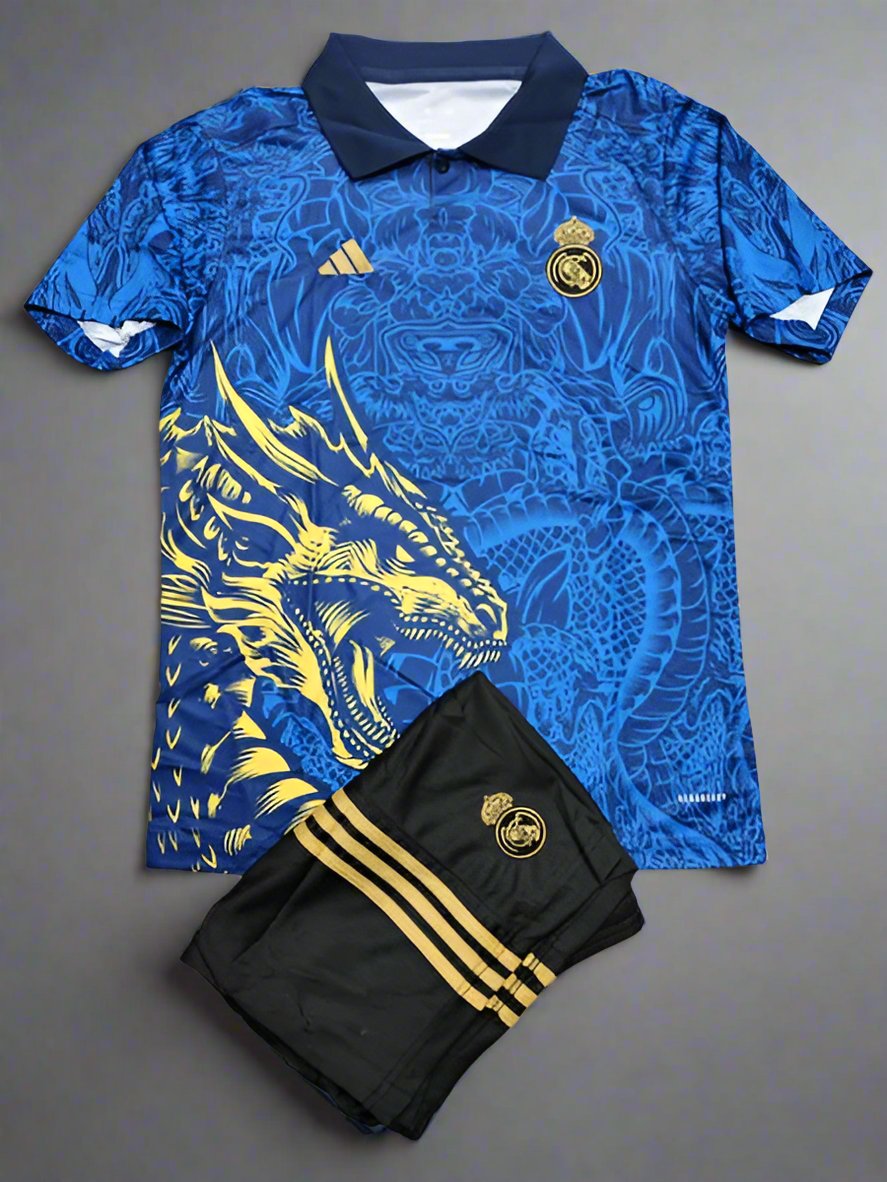 Real Madrid Blue and Gold Special Dragon Edition Jersey with Shorts