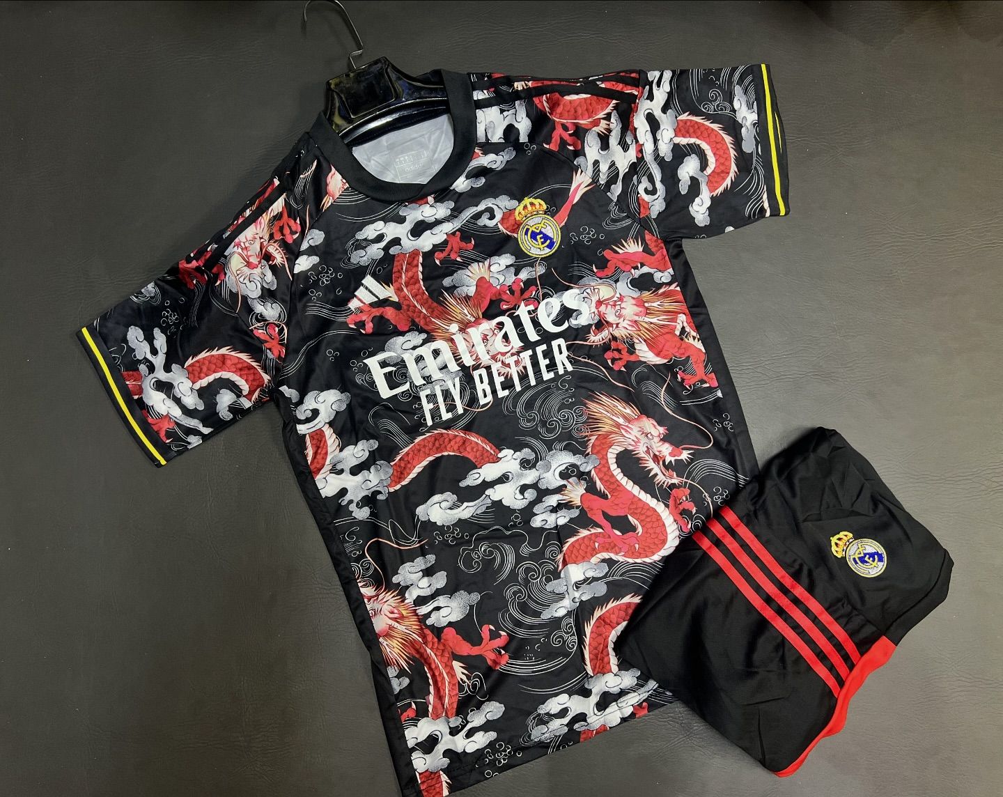 Real Madrid Black and Red Special Dragon Edition Jersey with Shorts