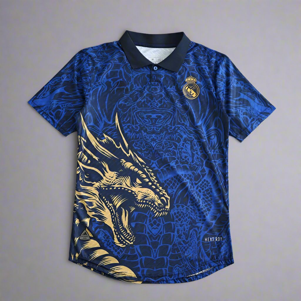 Real Madrid Blue and Gold Special Dragon Edition Jersey with Shorts