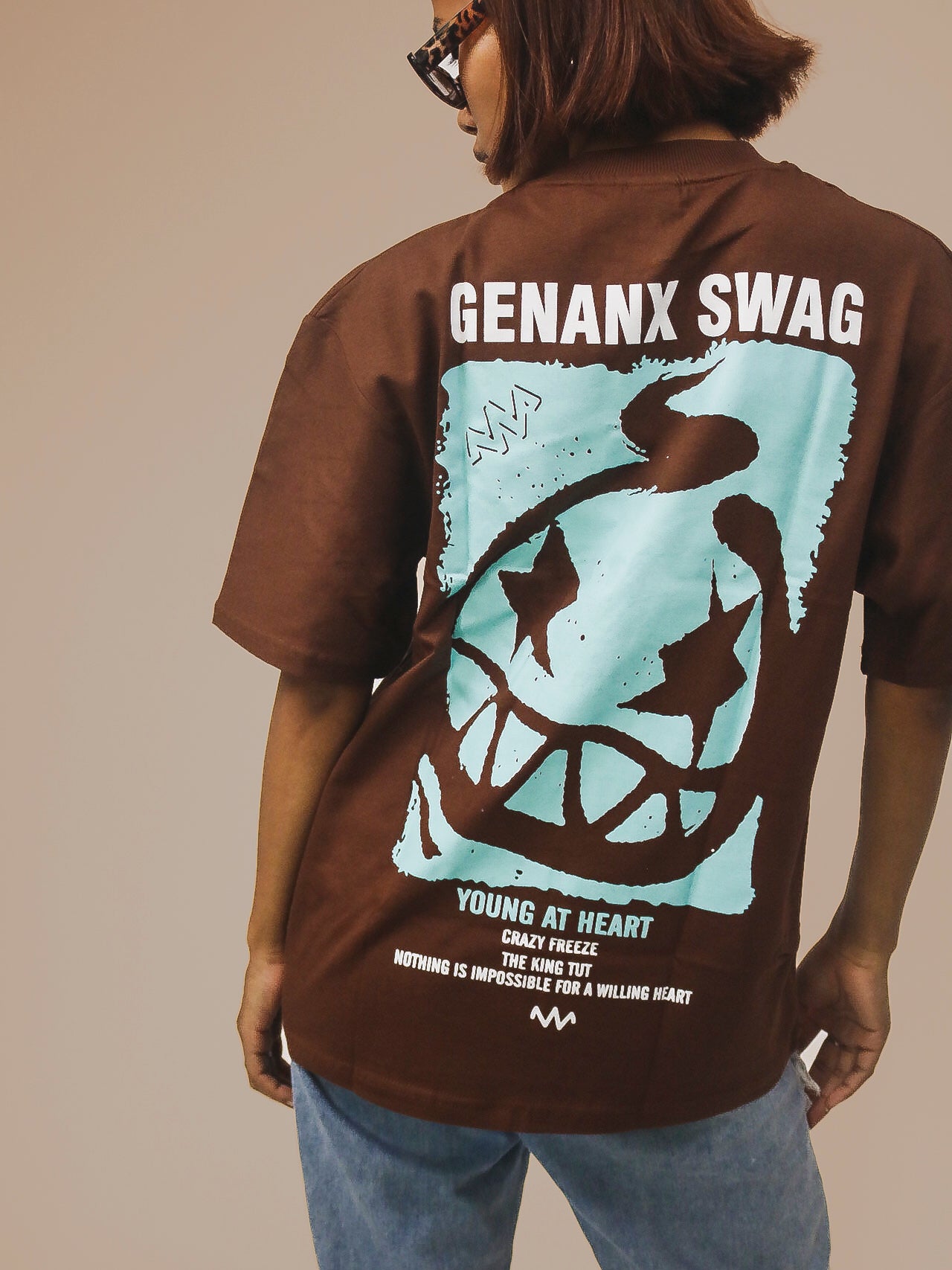 Genanx Swag Young At Heart Oversized 100% Cotton Coffee Brown Printed Unisex T-Shirt