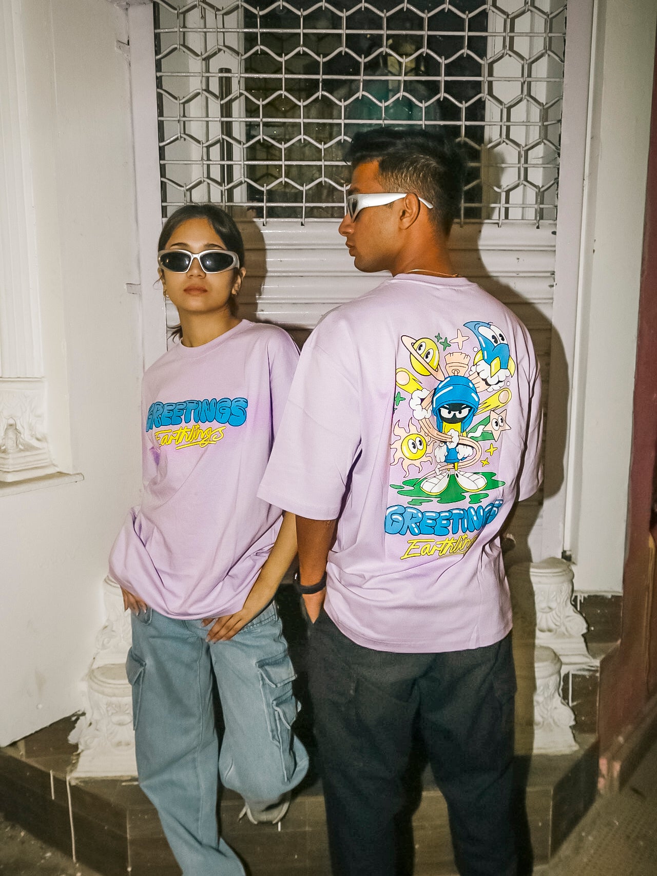 Greetings Earthings Oversized 100% Cotton Lavender Mauve Printed Unisex T-Shirt