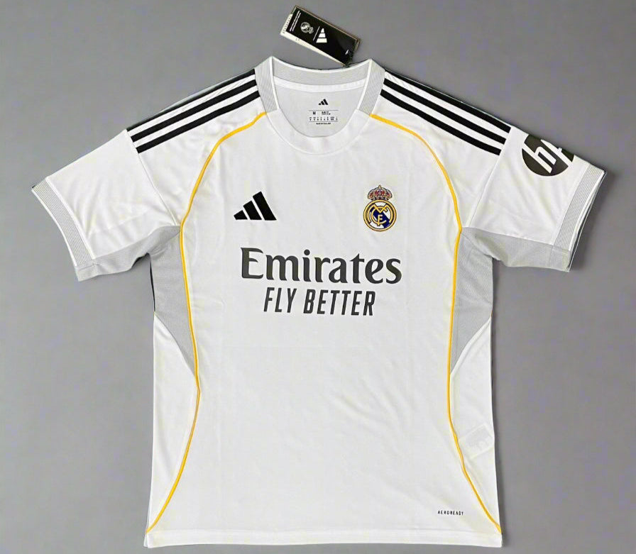 White sports jersey with black stripes and branding on a gray background