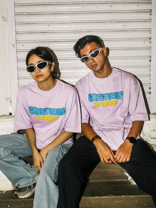 Greetings Earthings Oversized 100% Cotton Lavender Mauve Printed Unisex T-Shirt